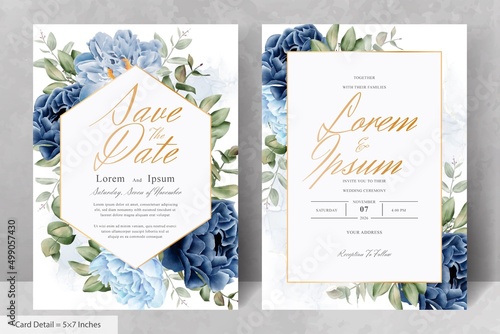 Elegant Watercolor  Floral Frame Wedding Stationery with Navy Blue Flower and Leaves