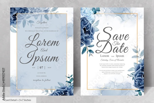 Elegant Watercolor  Floral Frame Wedding Stationery with Navy Blue Flower and Leaves