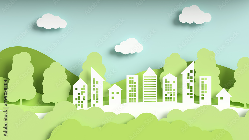 Paper landscape art style with eco-green city, the concept of saving the planet and energy. Eco-friendly city cut out of paper, 3d illustration in a flat style. Paper landscape art style with eco-green city, the concept of saving the planet and energy. Eco-friendly city cut out of paper, 3d illustration in a flat style.