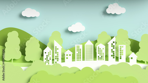 Fototapeta Naklejka Na Ścianę i Meble -  Paper landscape art style with eco-green city, the concept of saving the planet and energy. Eco-friendly city cut out of paper, 3d illustration in a flat style.