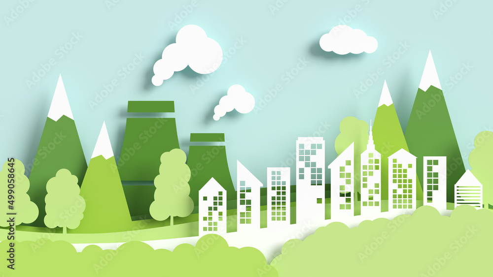 Paper landscape art style with eco-green city, the concept of saving the planet and energy. Eco-friendly city cut out of paper, 3d illustration in a flat style. Paper landscape art style with eco-green city, the concept of saving the planet and energy. Eco-friendly city cut out of paper, 3d illustration in a flat style.