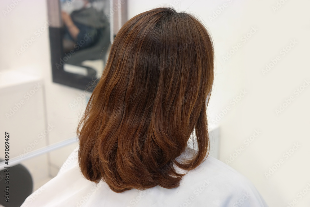 Back view of woman with brown hair in beauty salon