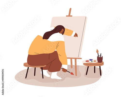 Sad artist at blank canvas. Creative crisis and burnout concept. Depressed uncreative woman painter with lack of ideas, imagination, motivation. Flat vector illustration isolated on white background