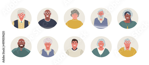 Round avatars set of diverse smiling elderly people.Vector flat illustration.