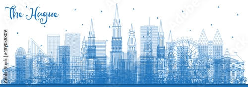 Outline The Hague Netherlands City Skyline with Blue Buildings.