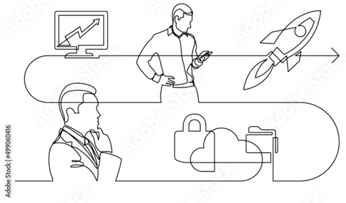 business concept continuous line drawing illustration of work process in vector format