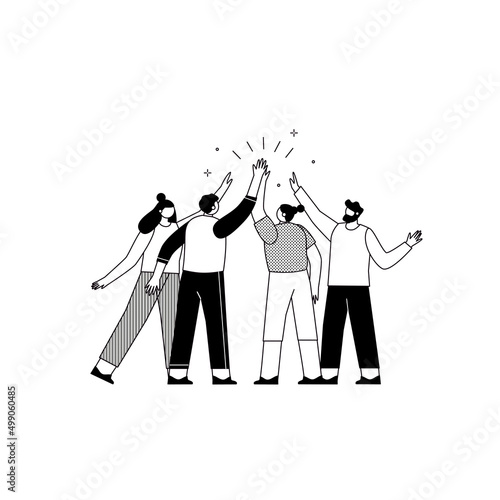 Concept of joint teamwork, building a business team.  Happy people giving high five. Friends greeting or supporting each other. Concept of friendship, partnership and success. 