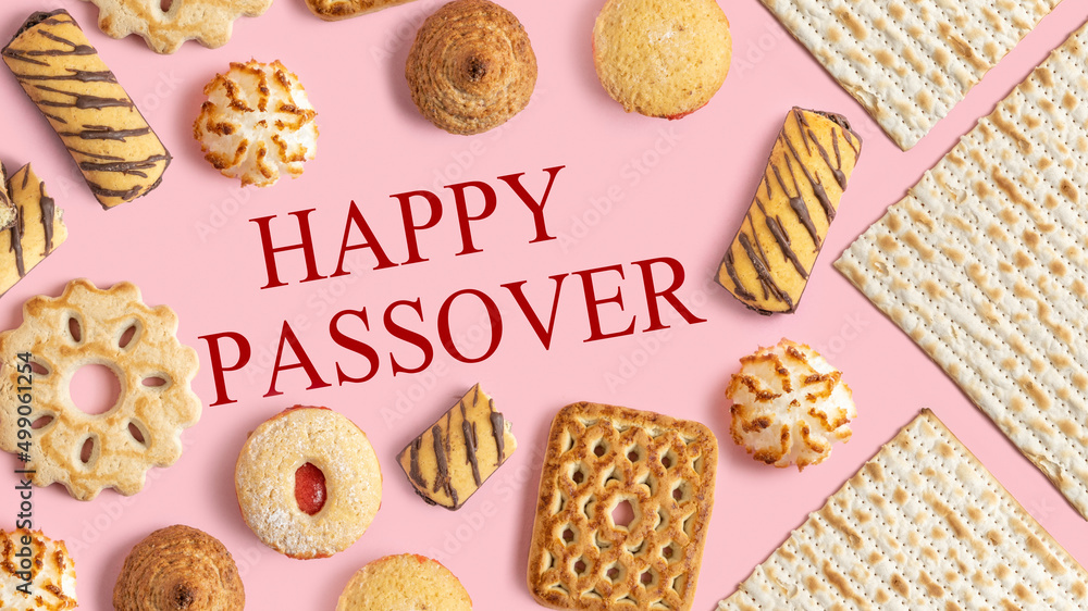 Jewish holiday Pesach (Passover) greeting card with various kosher