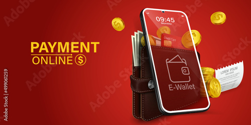 digital wallet application on mobile.Mobile design concept is an online wallet with coins, banknotes and credit cards inside all on red background.Online digital wallet via smartphone application.