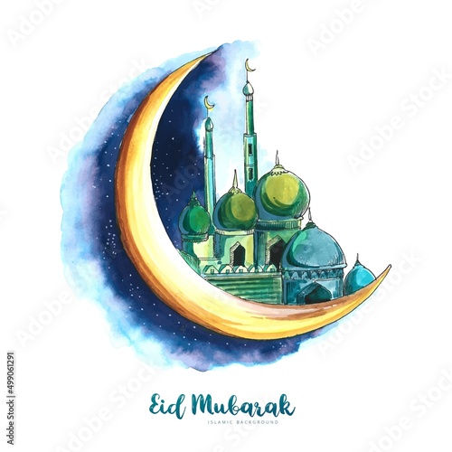 Eid Mubarak islamic moon and mosque greeting card background