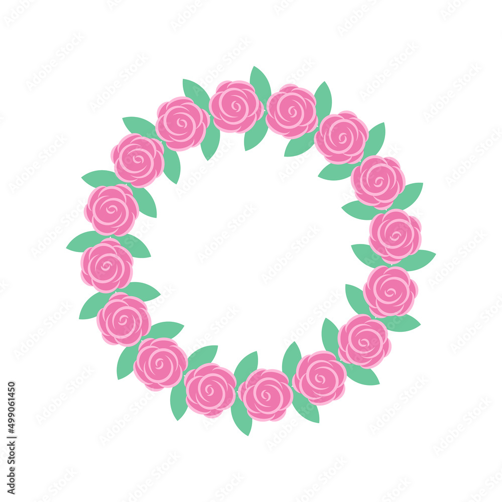 Flower frame with roses isolated on white background. Beautiful wreath with green leafs pink flowers. Cartoon vector illustration for wedding invitation, decoration. Flat template of floral design