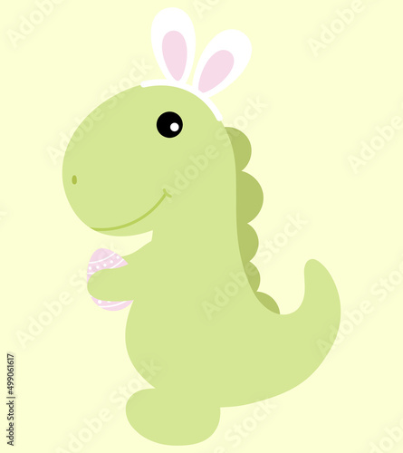 Cute dinosaur with bunny ears holding easter egg. Happy Easter. Funny and smile dinosaur.
