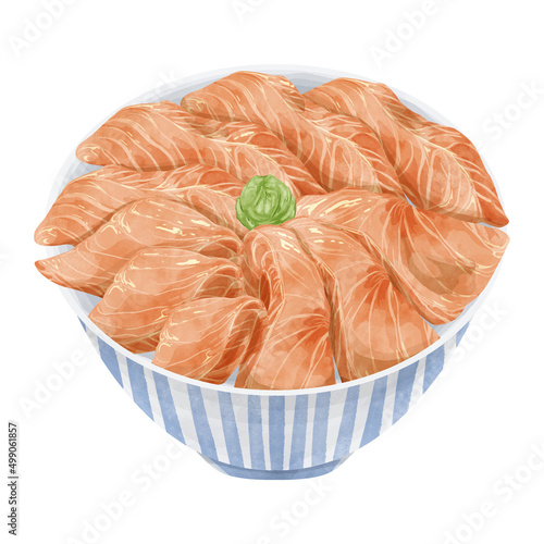 サーモン丼の手描き水彩風イラスト