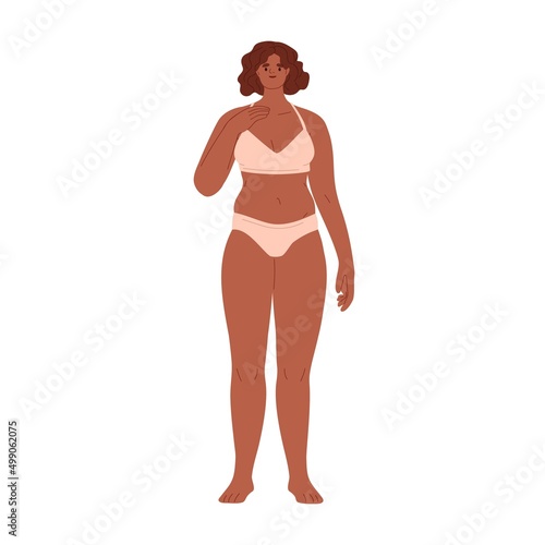 Woman in underwear with slightly fat body type. Chubby chunky female in bikin...