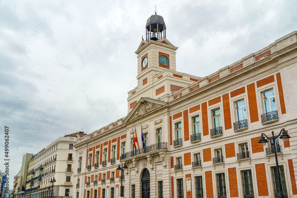 Neoclassical buildings of the Puerta del Sol in Madrid, kilometer point zero of Spain.