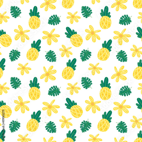 Pineapple flowers seamless vector pattern. Repeating vacations  tropics  exotic background with summer fruit. Use for fabric gift wrap packaging. Hawaii t-shirt