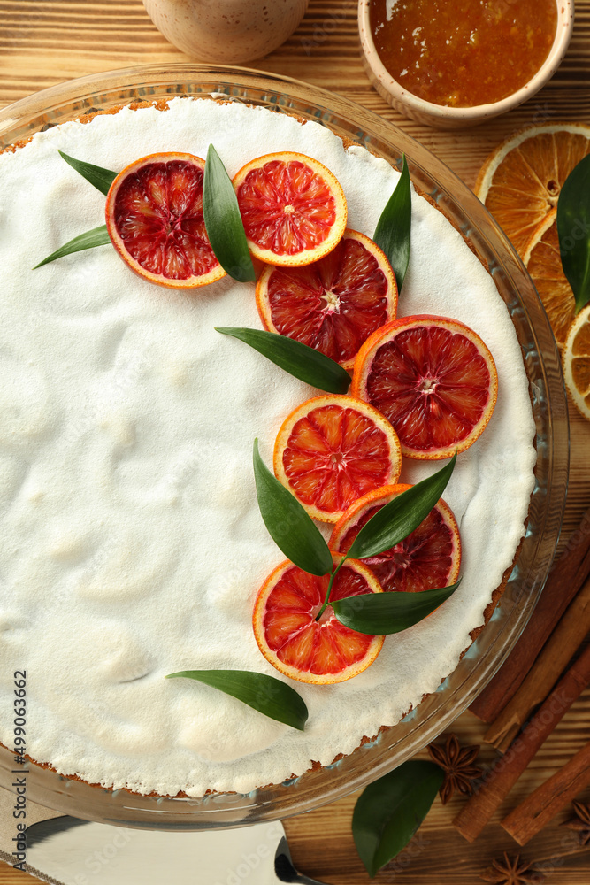 Concept of tasty food with pie with meringue, top view Concept of tasty food with pie with meringue, top view