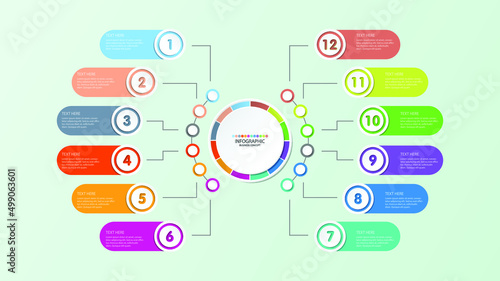 Basic circle infographic template with 12 steps, process or options, process chart, Used for process diagram, presentations, workflow layout, flow chart, infograph. Vector eps10 illustration.