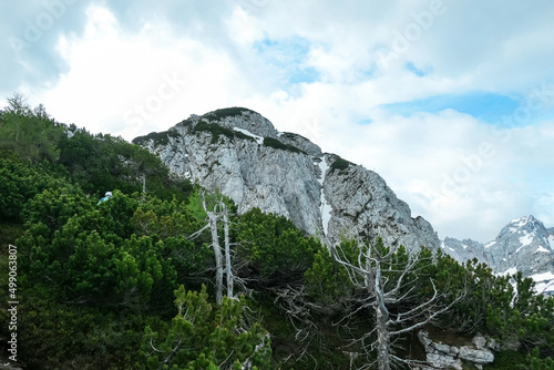 Scenic view through the forest on the summit Jezerska Kocna in Kamnik Savinja Alps in Carinthia, border Austria and Slovenia. Mountain peaks in the Vellacher Kotschna. Mountaineering. Freedom concept photo