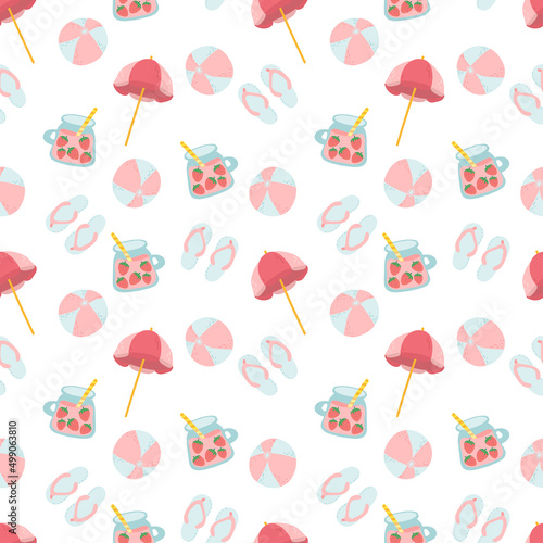 beach stuff, beach things seamless pattern: umbrella, inflatable ball, spanking. Summer marine background. Travel, vacation, relax concept