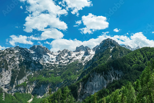 Scenic view on the rocky sharp summits in Kamnik Savinja Alps in Carinthia, border Austria and Slovenia. Mountain peaks in the Vellacher Kotschna in spring. Mountaineering. Freedom. Jezerska Kocna