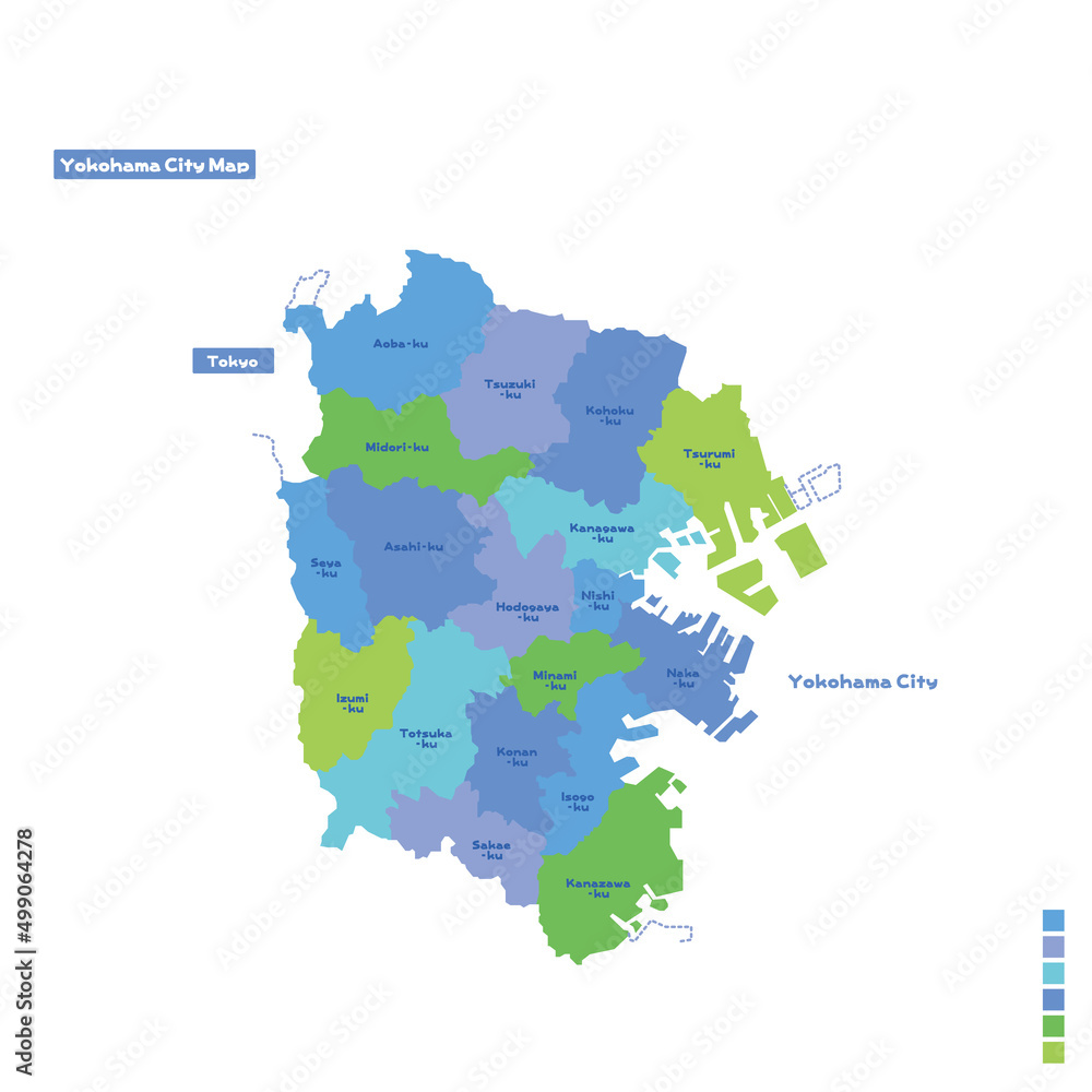 Obraz premium 横浜市行政区・横浜市地図 雨の日カラーで色分けしてみた（英語版）
