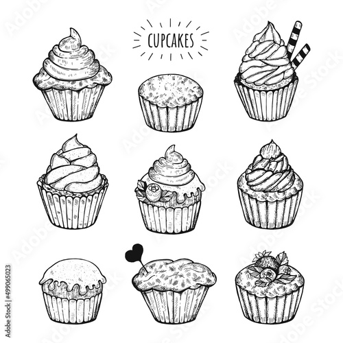 cupcakes vector doodles. cupcake dessert hand drawing. dessert vector sketch.cupcakes coloring vector