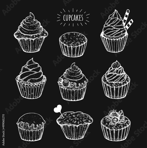 cupcake menu chalked vector.  cupcakes vector doodles. cupcake dessert hand drawing on black background. dessert vector sketch. cupcakes coloring vector