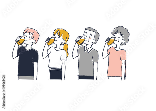 水分を摂取している人物のセット　コミカルな手書きの人物　ベクター、線画にカラー