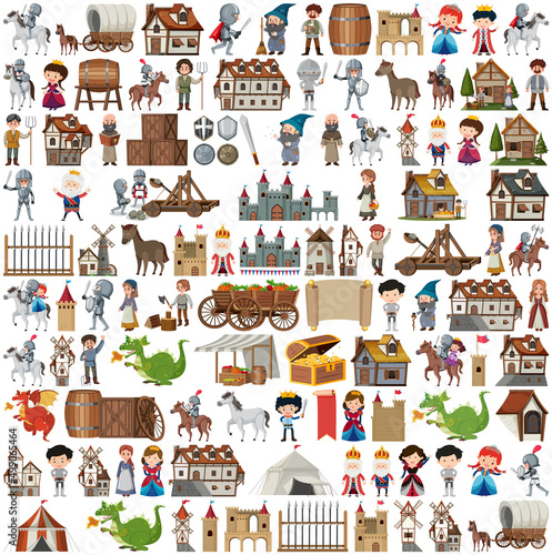 Medieval characters buildings set