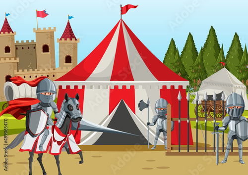 Medieval army camp scene with armour knight riding horse