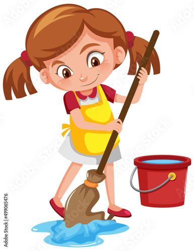 Girl mopping the floor on white background