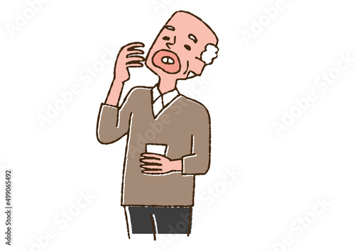 薬を飲んでいる高齢男性　コミカルな手書きの人物　ベクター、線画にカラー