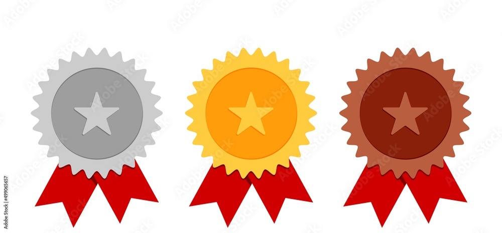 Winner medals. Gold silver bronze trophy with red ribbos. Vector awards