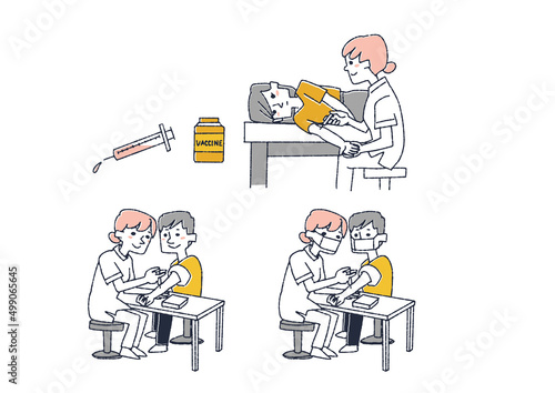 注射に関する人物イラストセット　コミカルな手書きの人物　ベクター、線画にカラー