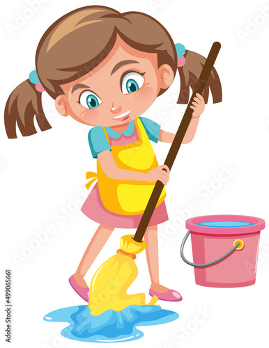 Girl mopping the floor on white background