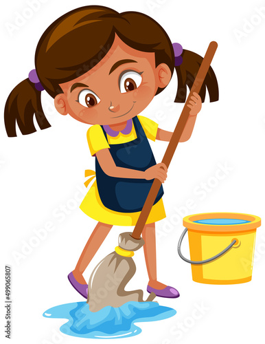 Girl mopping the floor on white background