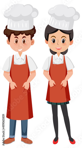 Male and female chefs in red apron