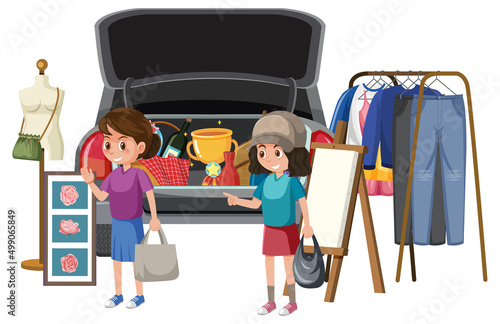 People buying clothes at yard sale