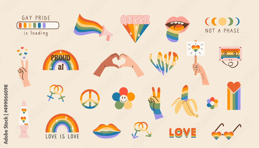 Vector set of LGBTQ community symbols with pride flags, gender signs, retro rainbow colored elements. Pride month stickers. Gay parade groovy celebration. LGBT flat style icons and slogan collection.