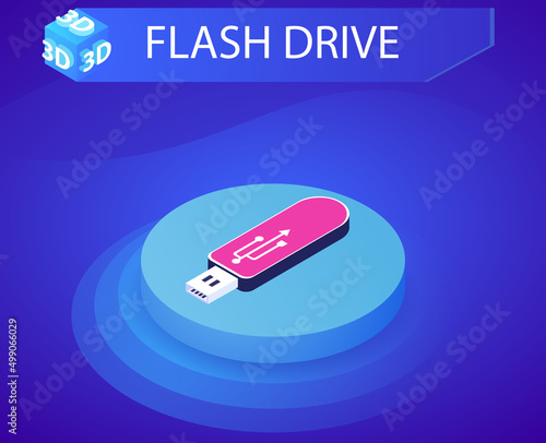 Flash drive isometric design icon. Vector web illustration. 3d colorful concept