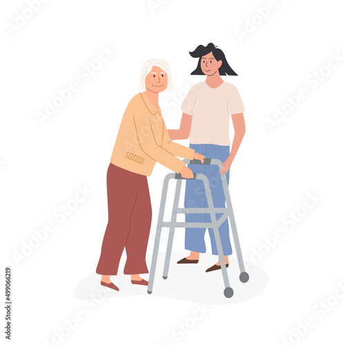 Female volunteer helps elderly patient with orthopedic walker. Caregiver or relative walking together with old age woman. Physical activity, therapy rehabilitation. Vector flat isolated illustration.