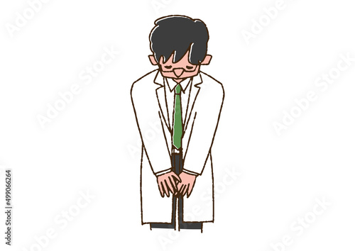 お辞儀をしているお医者さん　コミカルな手書きの人物　ベクター、線画にカラー