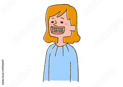 歯科構成をしている女性　コミカルな手書きの人物　ベクター、線画にカラー