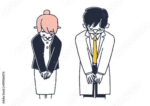 お辞儀をしている医者と看護師のセット　コミカルな手書きの人物　ベクター、線画にカラー