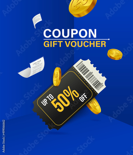 Coupon up to 50% off black rips floating in air with coin. all on blue background.gift voucher 50% discount on shopping.summer offer ends weekend holiday.Big sale and super sale coupon code discount