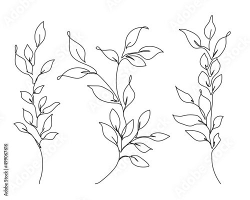 Continuous Line Drawing of Leaves Branch Black Sketch Isolated on White Background Set. Simple Leaves Set One Line Illustrations. Leaf Minimalist Botanical Drawing. Vector EPS 10.