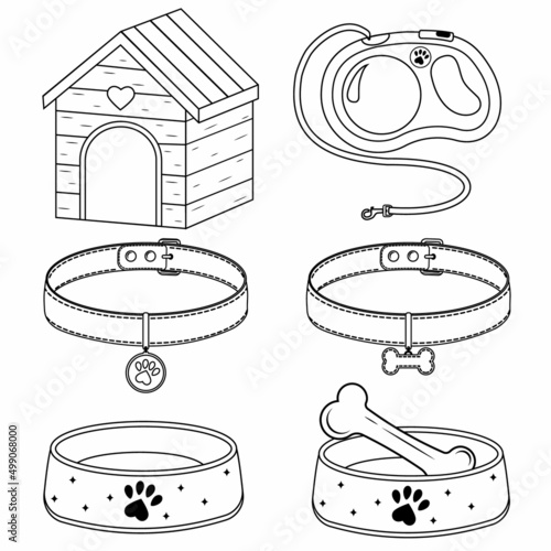 set of booth, bowl, collar and leash for dog and cat, isolated vector illustration contour doodle