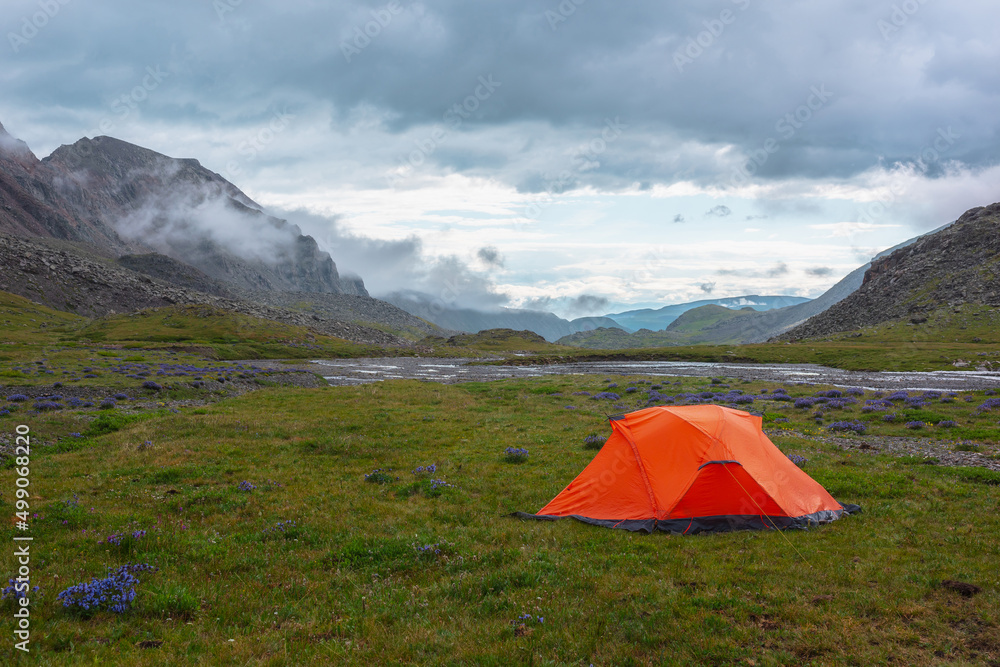 Scenic mountain landscape with tent in rain drops in sunlight under cloudy sky. Dramatic alpine scenery with vivid orange tent on grass among purple flowers in green mountain valley in rainy weather.