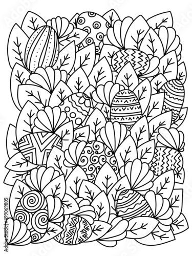 Find Easter Eggs coloring page with intricate patterns and leaves for holiday activity